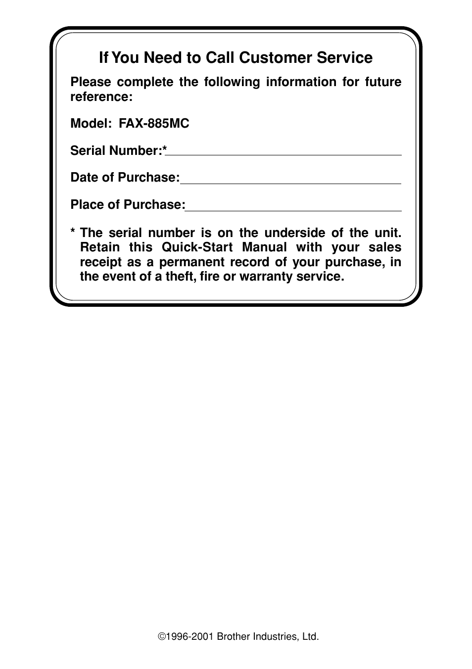 If you need to call customer service | Brother Fax-885MC User Manual | Page 2 / 108