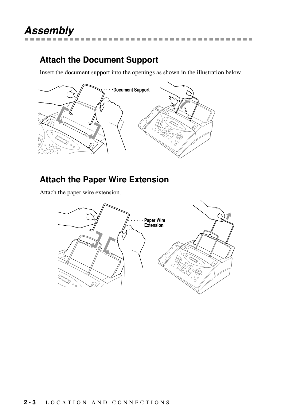 Assembly, Attach the document support, Attach the paper wire extension | Brother Fax-885MC User Manual | Page 22 / 108