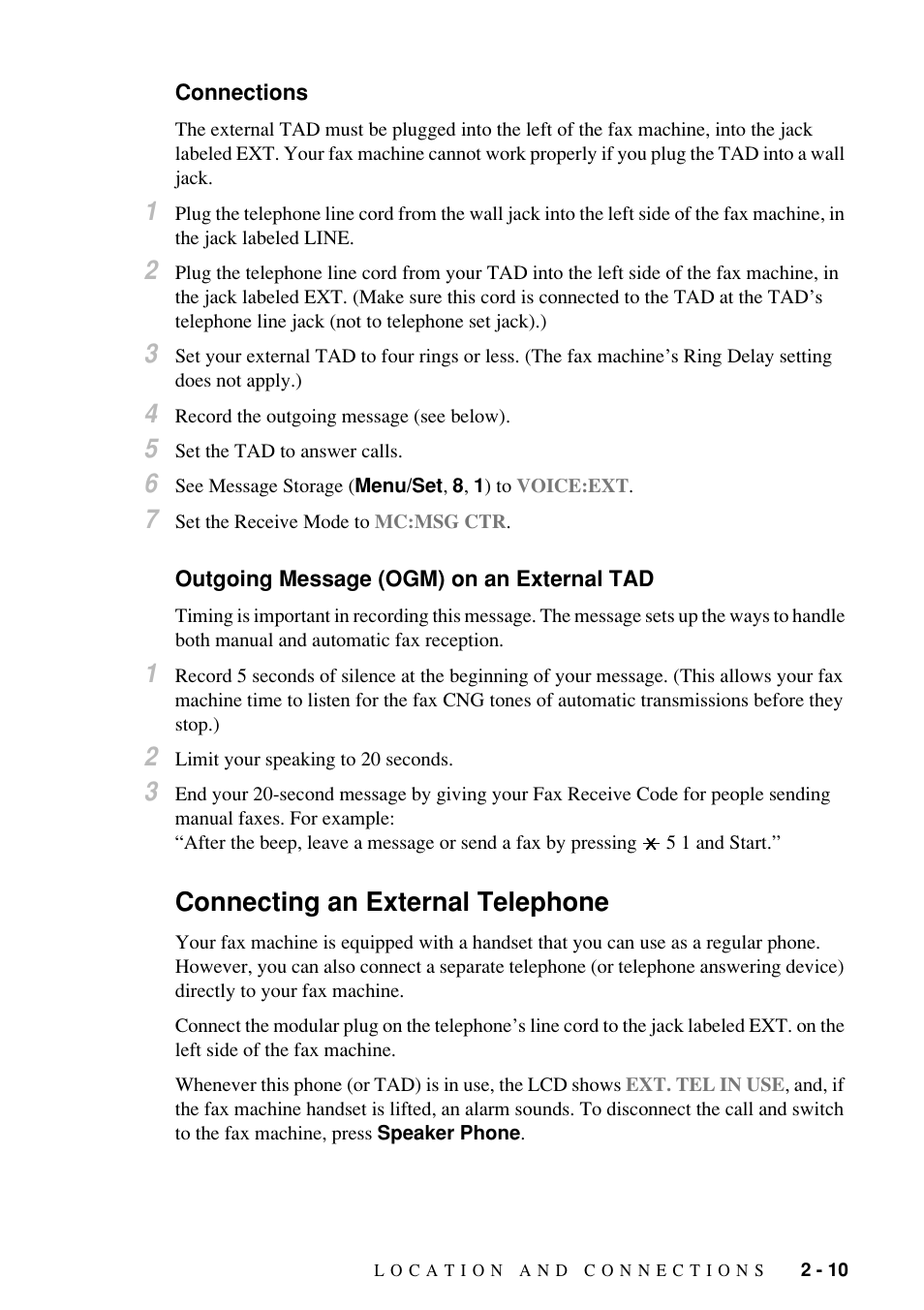 Connecting an external telephone | Brother Fax-885MC User Manual | Page 29 / 108