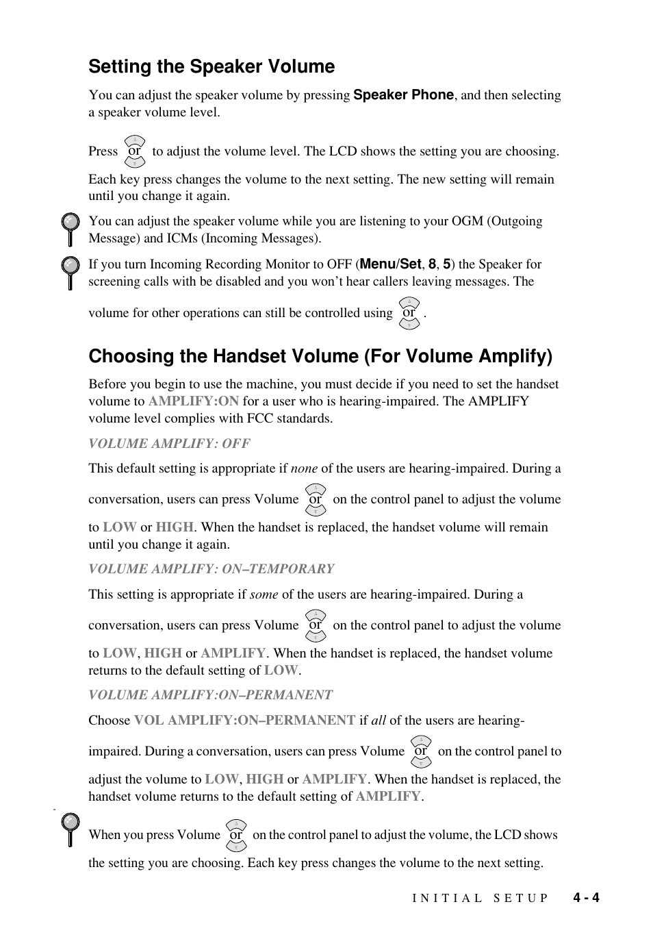 Setting the speaker volume, Choosing the handset volume (for volume amplify) | Brother Fax-885MC User Manual | Page 39 / 108