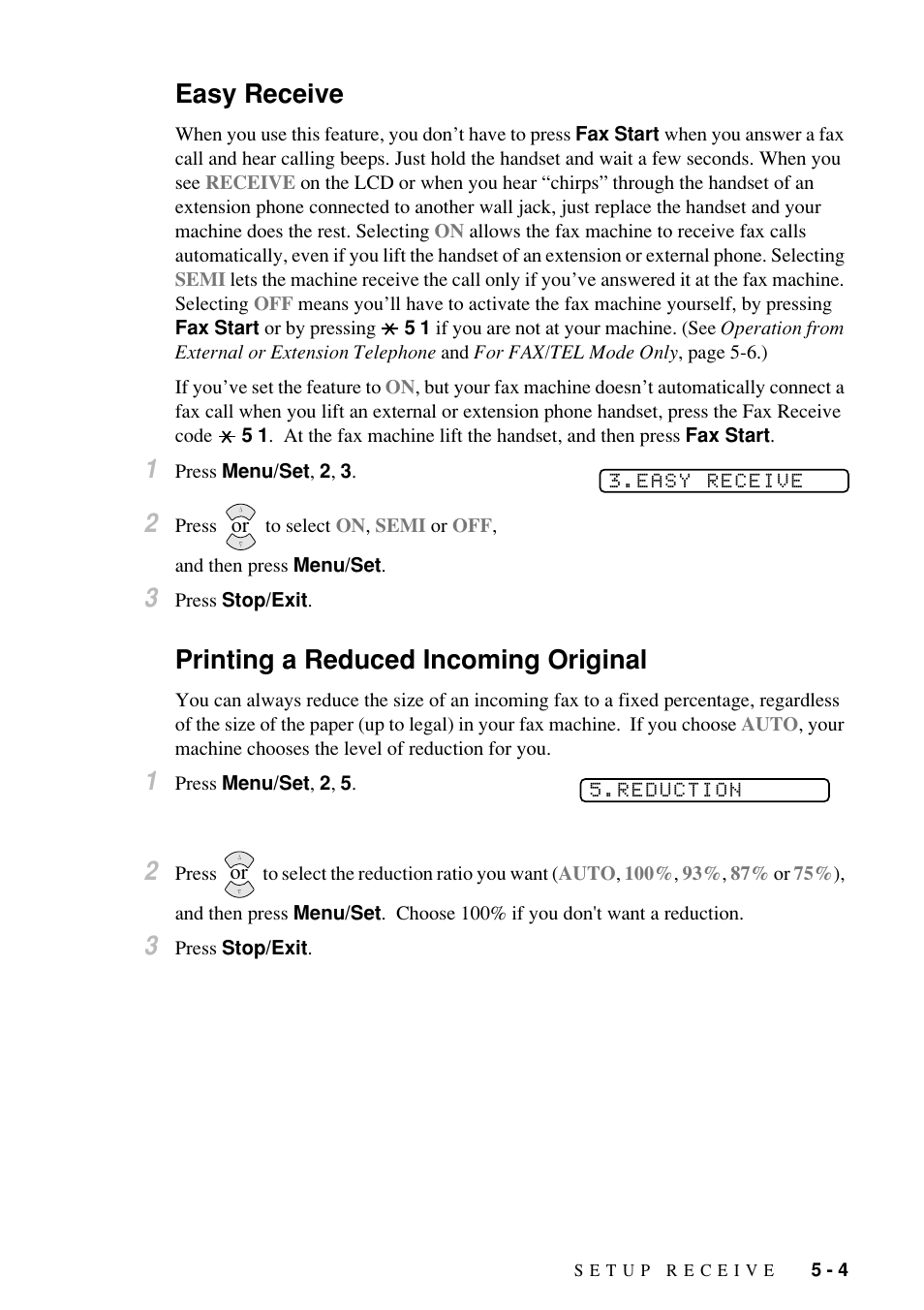 Easy receive, Printing a reduced incoming original | Brother Fax-885MC User Manual | Page 45 / 108