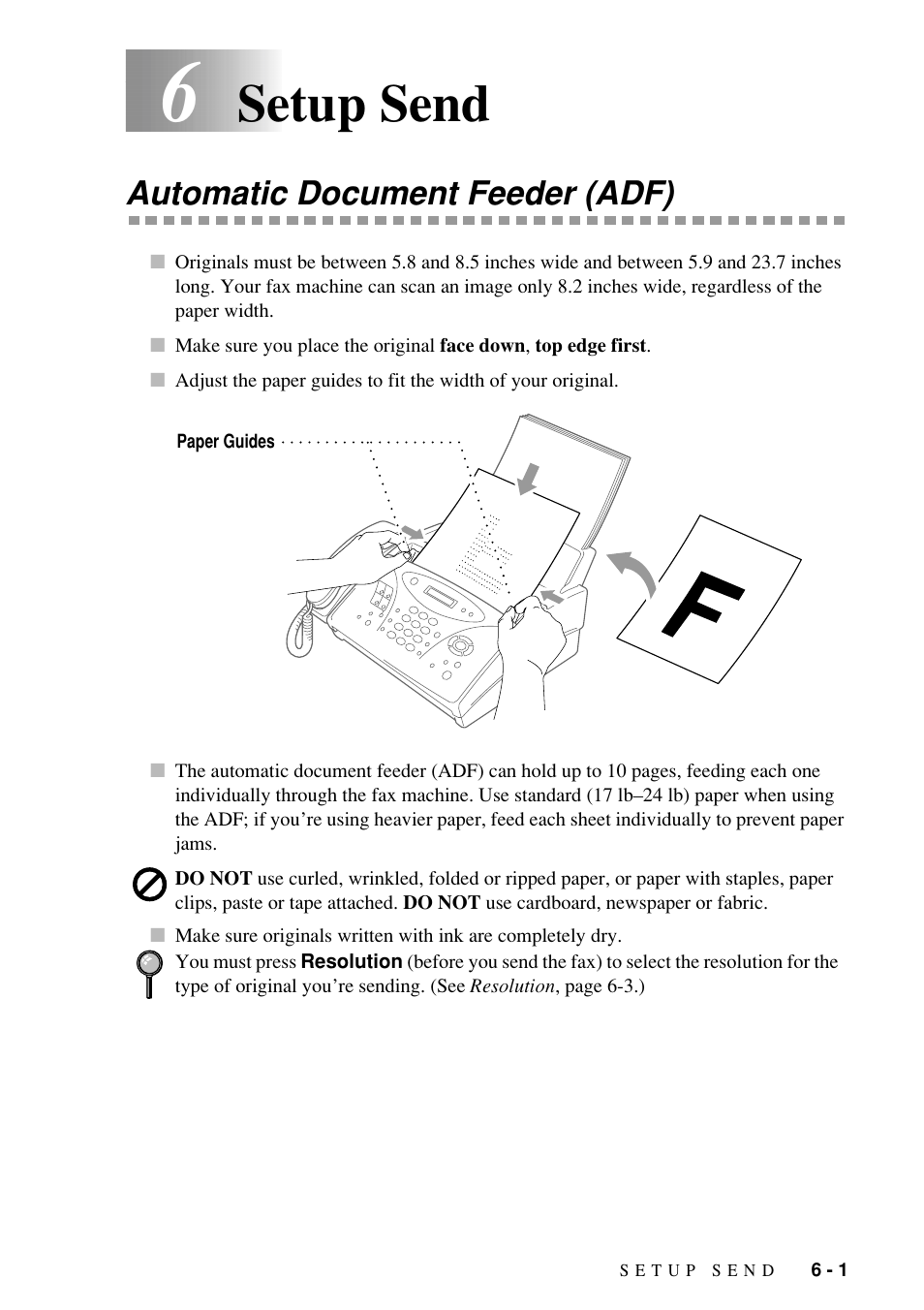 Setup send, Automatic document feeder (adf) | Brother Fax-885MC User Manual | Page 49 / 108