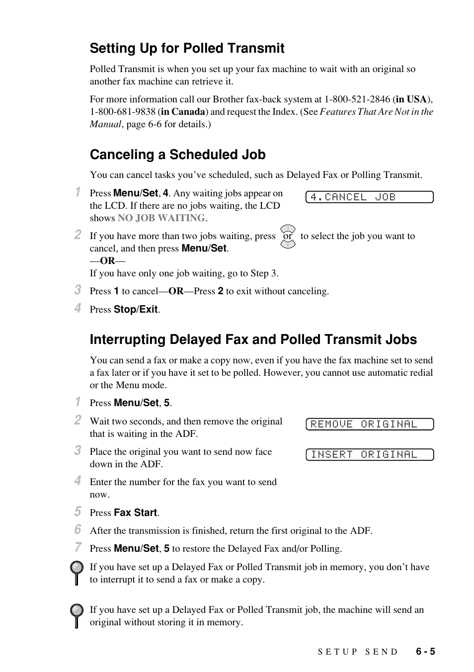 Setting up for polled transmit, Canceling a scheduled job, Interrupting delayed fax and polled transmit jobs | Brother Fax-885MC User Manual | Page 53 / 108
