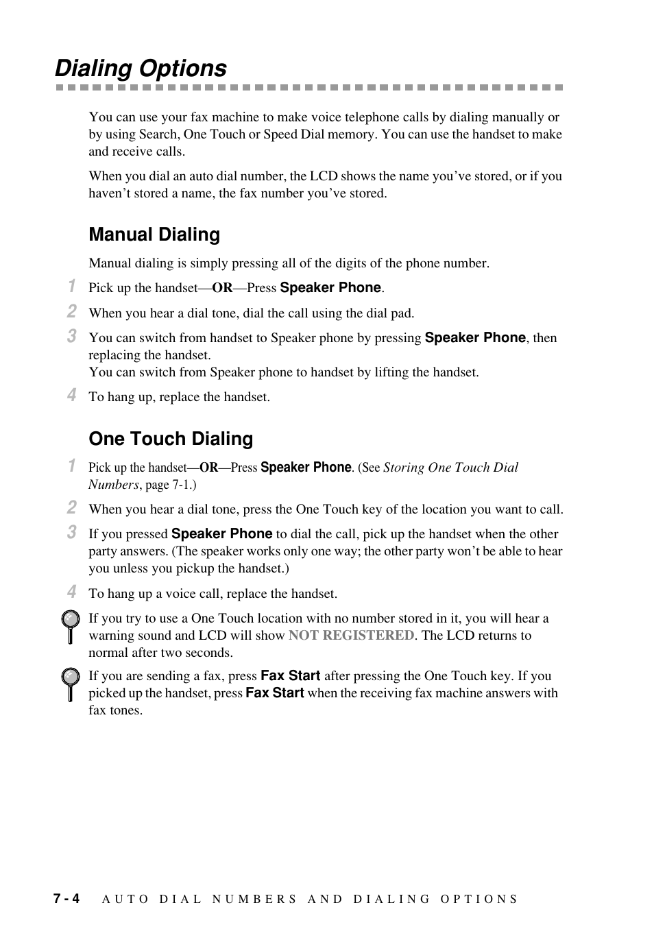 Dialing options, Manual dialing, One touch dialing 1 | Brother Fax-885MC User Manual | Page 58 / 108