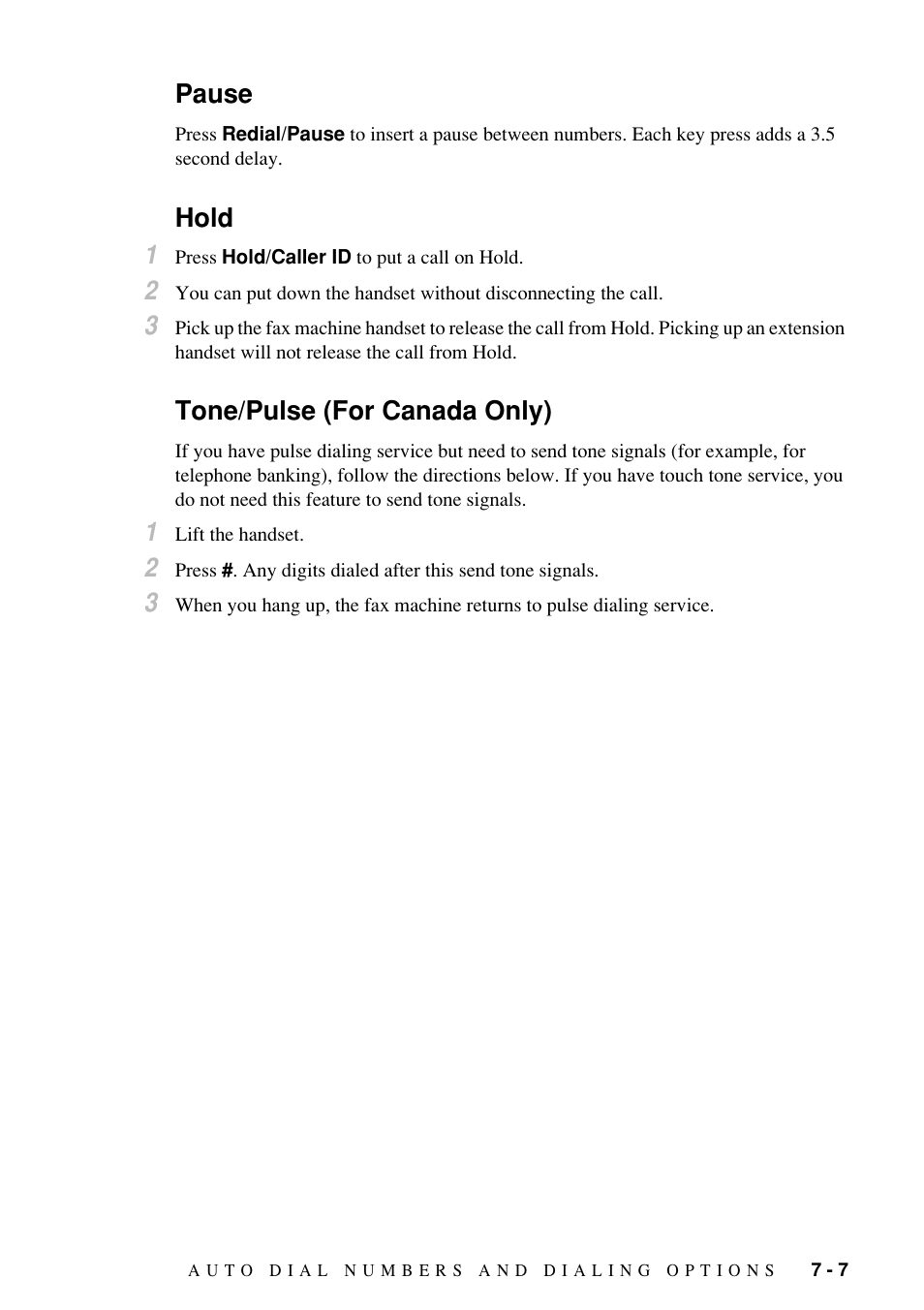 Pause, Hold 1, Tone/pulse (for canada only) | Brother Fax-885MC User Manual | Page 61 / 108