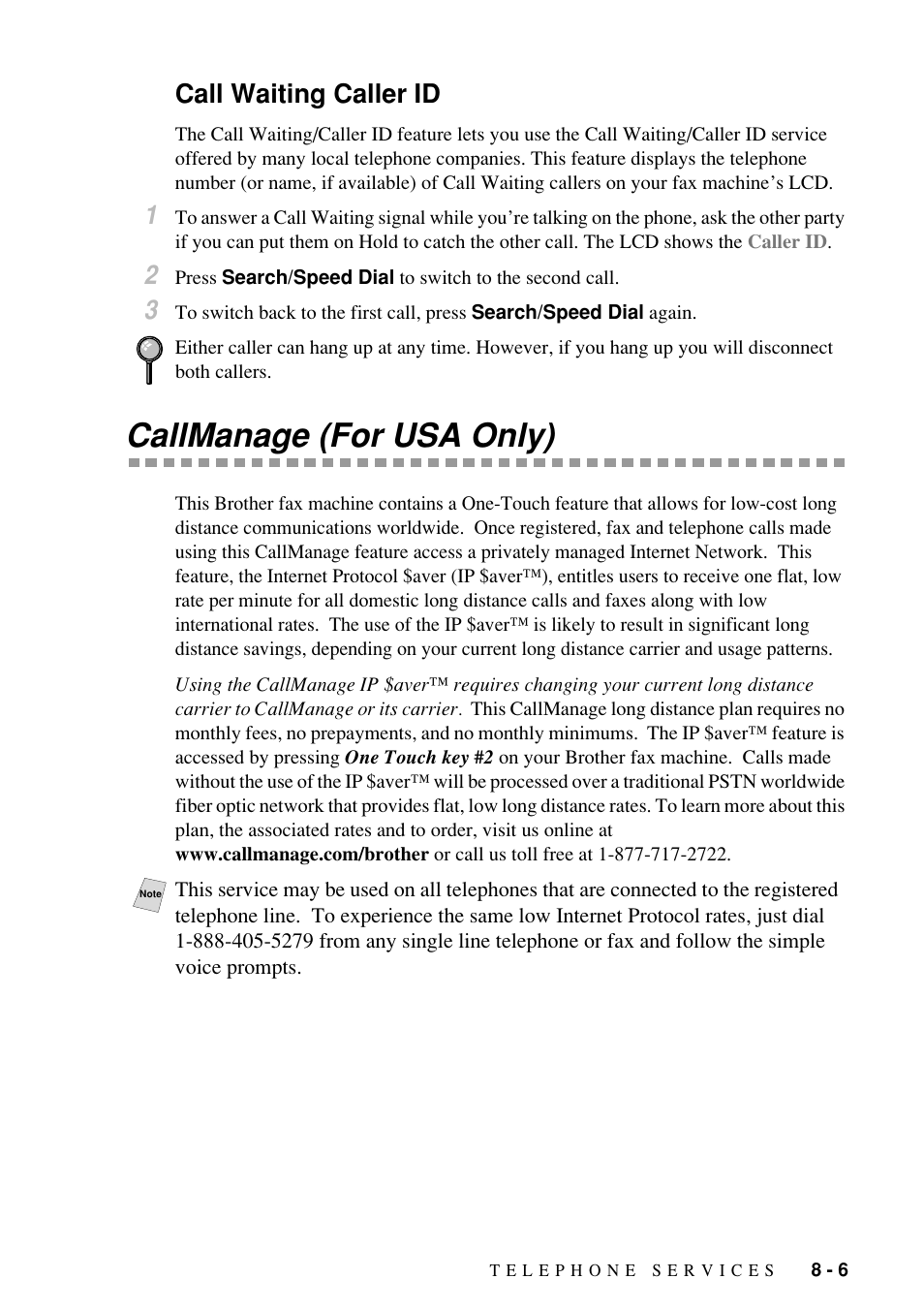 Callmanage (for usa only), Call waiting caller id | Brother Fax-885MC User Manual | Page 67 / 108