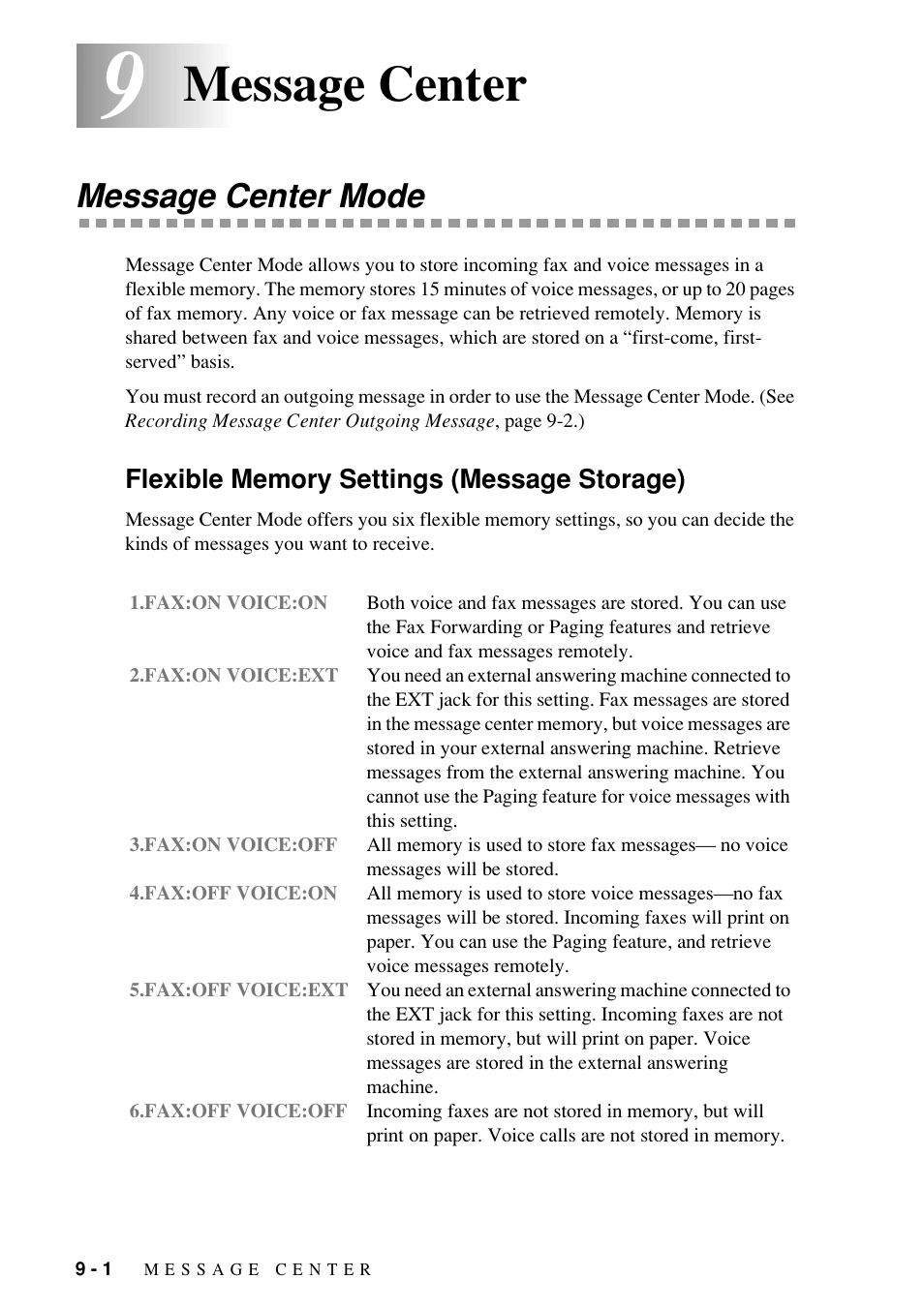 Message center, Message center mode | Brother Fax-885MC User Manual | Page 70 / 108