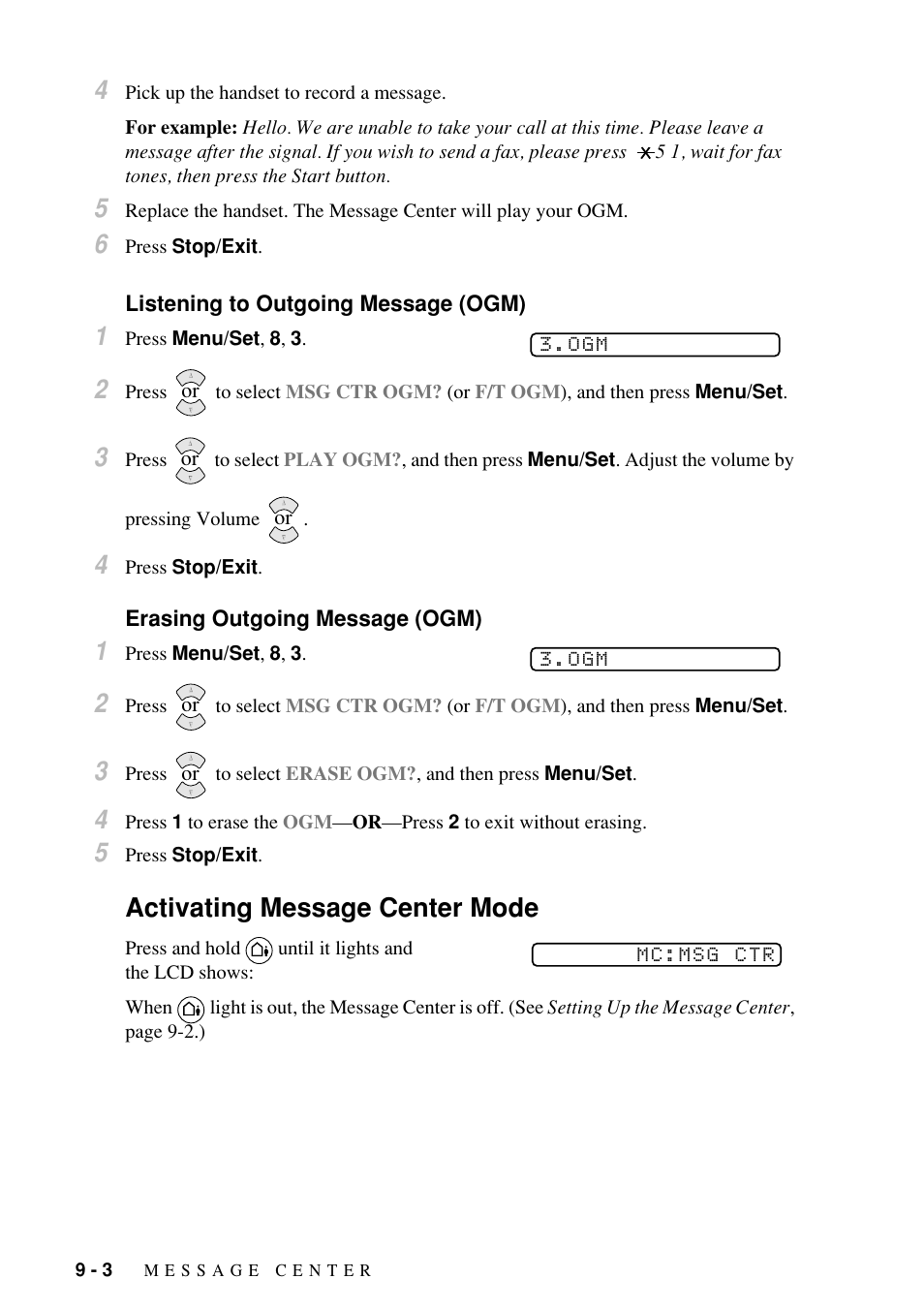 Activating message center mode | Brother Fax-885MC User Manual | Page 72 / 108