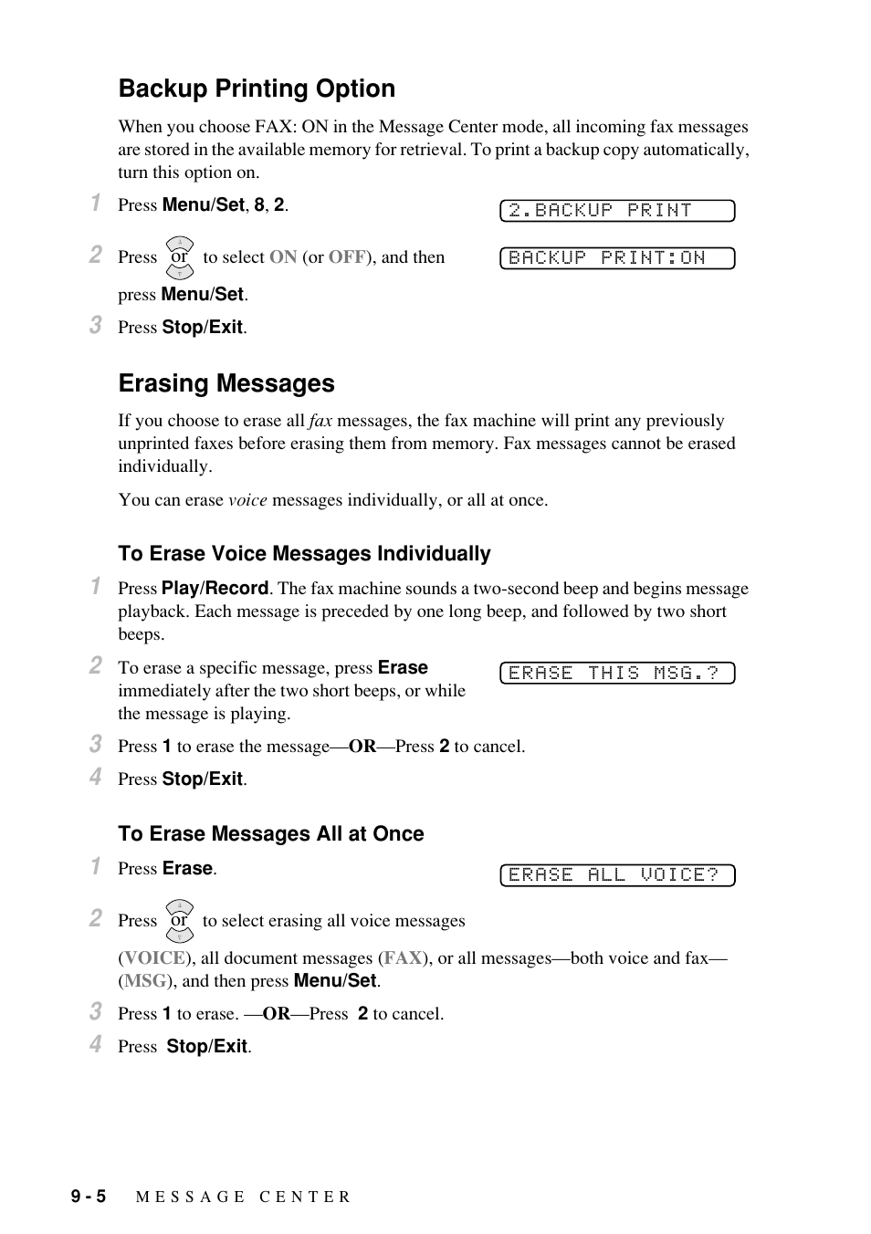 Backup printing option, Erasing messages | Brother Fax-885MC User Manual | Page 74 / 108