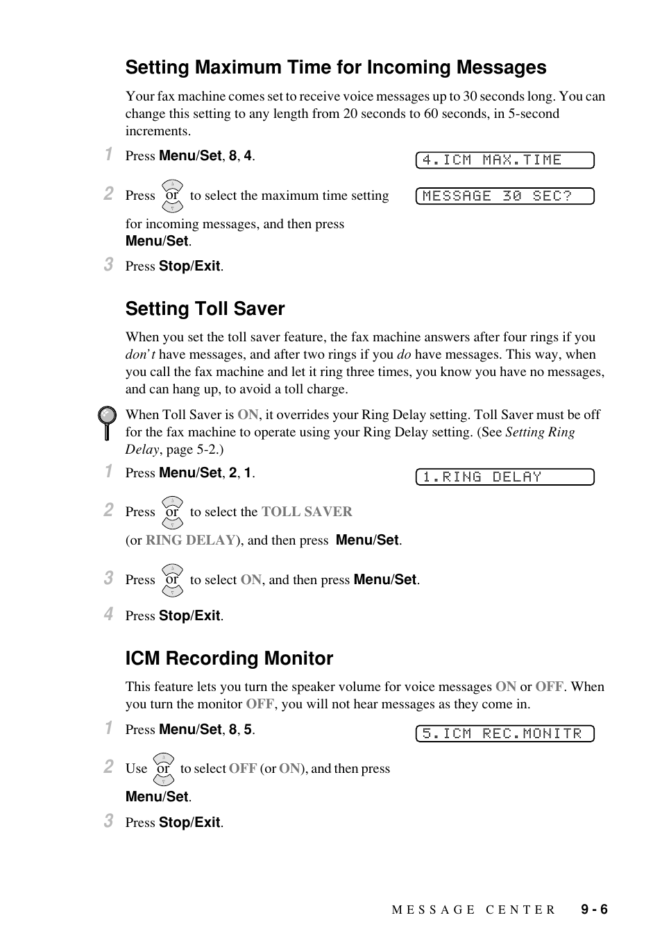 Setting maximum time for incoming messages, Setting toll saver, Icm recording monitor | Brother Fax-885MC User Manual | Page 75 / 108