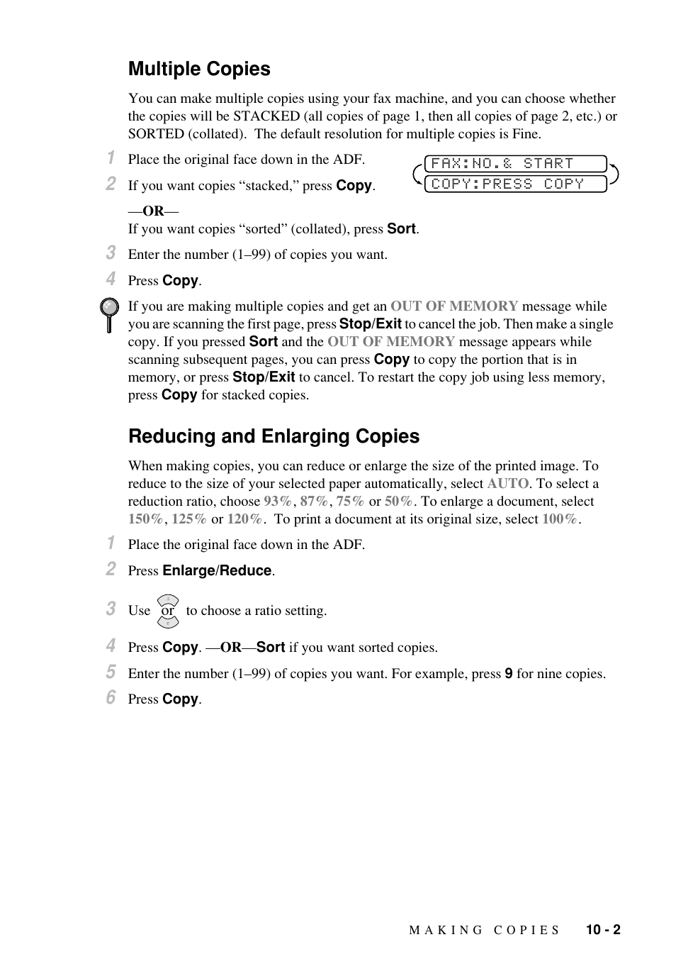 Multiple copies, Reducing and enlarging copies | Brother Fax-885MC User Manual | Page 83 / 108