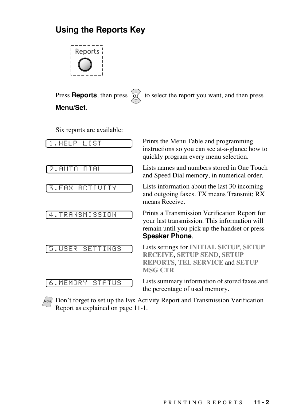 Using the reports key | Brother Fax-885MC User Manual | Page 85 / 108