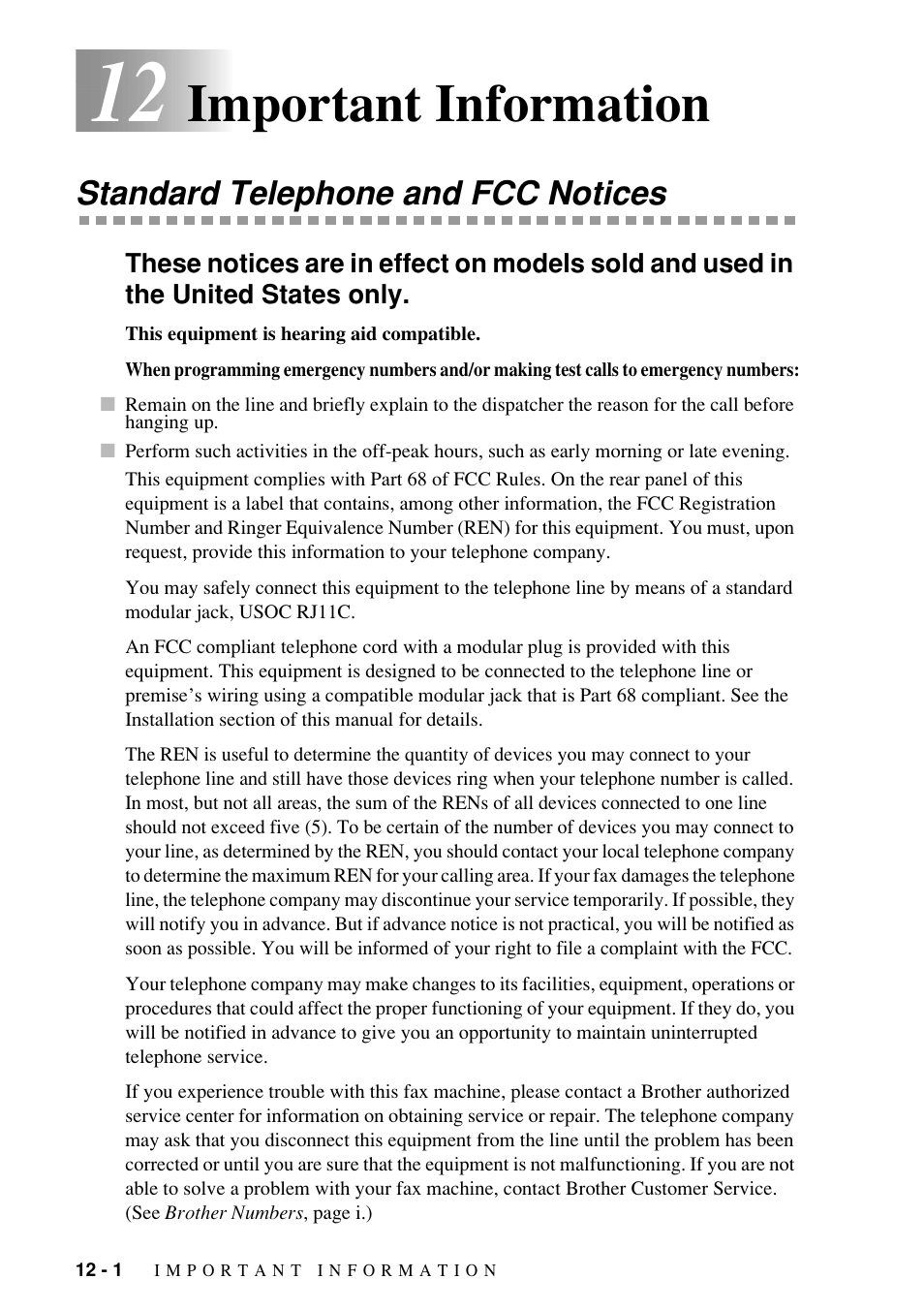 Important information, Standard telephone and fcc notices | Brother Fax-885MC User Manual | Page 86 / 108