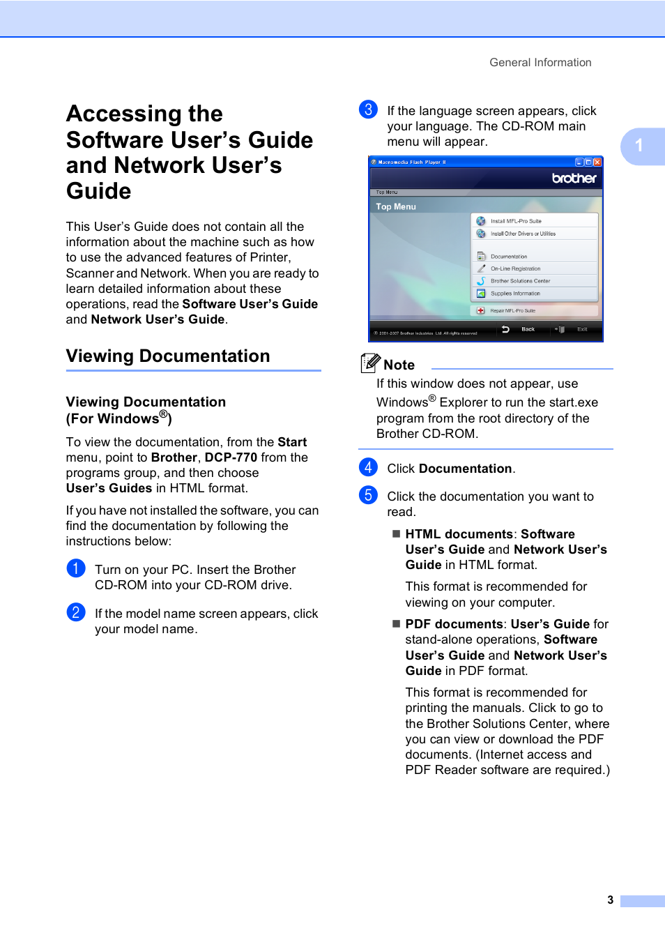 Viewing documentation, Viewing documentation (for windows®) | Brother DCP-770CW User Manual | Page 11 / 113