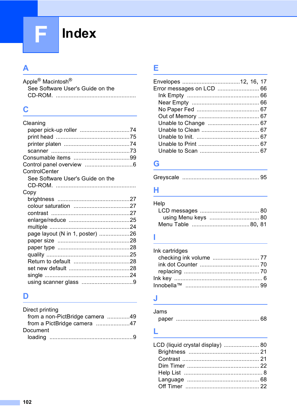 Index | Brother DCP-770CW User Manual | Page 110 / 113