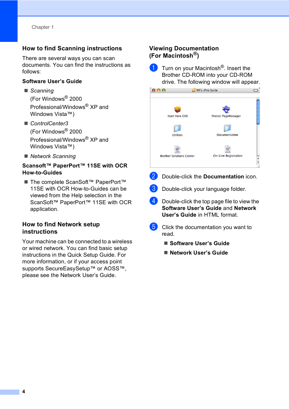 How to find scanning instructions, How to find network setup instructions, Viewing documentation (for macintosh®) | Brother DCP-770CW User Manual | Page 12 / 113