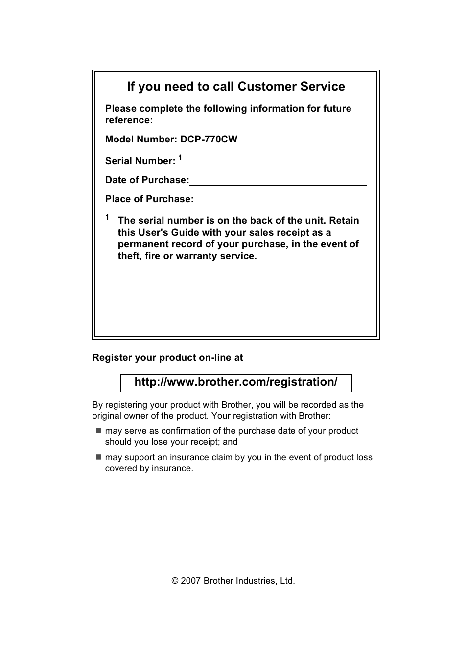 If you need to call customer service | Brother DCP-770CW User Manual | Page 2 / 113