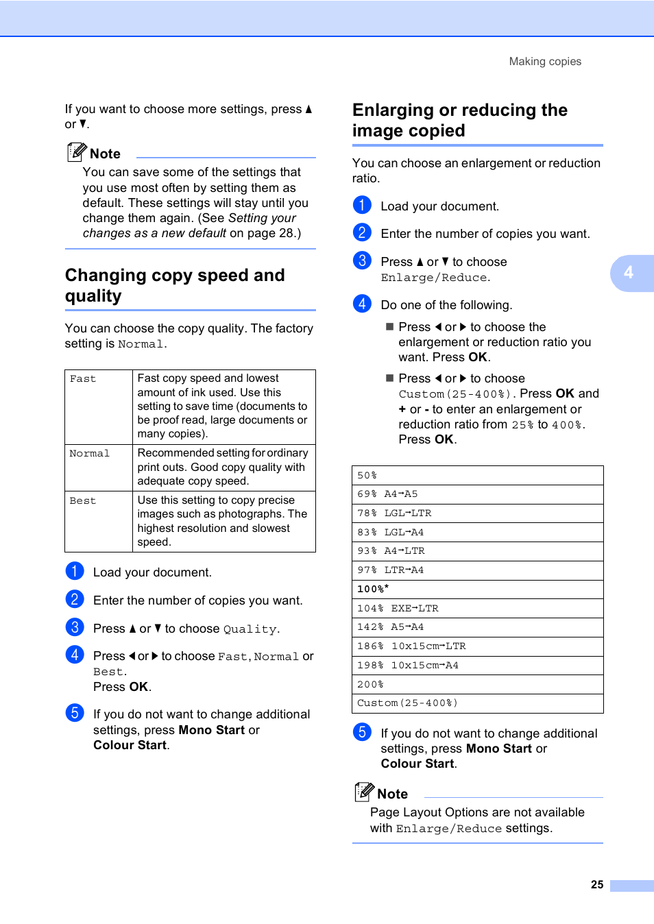 Changing copy speed and quality, Enlarging or reducing the image copied | Brother DCP-770CW User Manual | Page 33 / 113