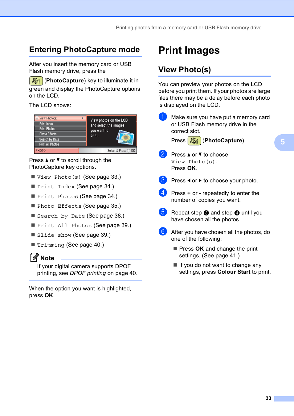 Entering photocapture mode, Print images, View photo(s) | 5entering photocapture mode | Brother DCP-770CW User Manual | Page 41 / 113
