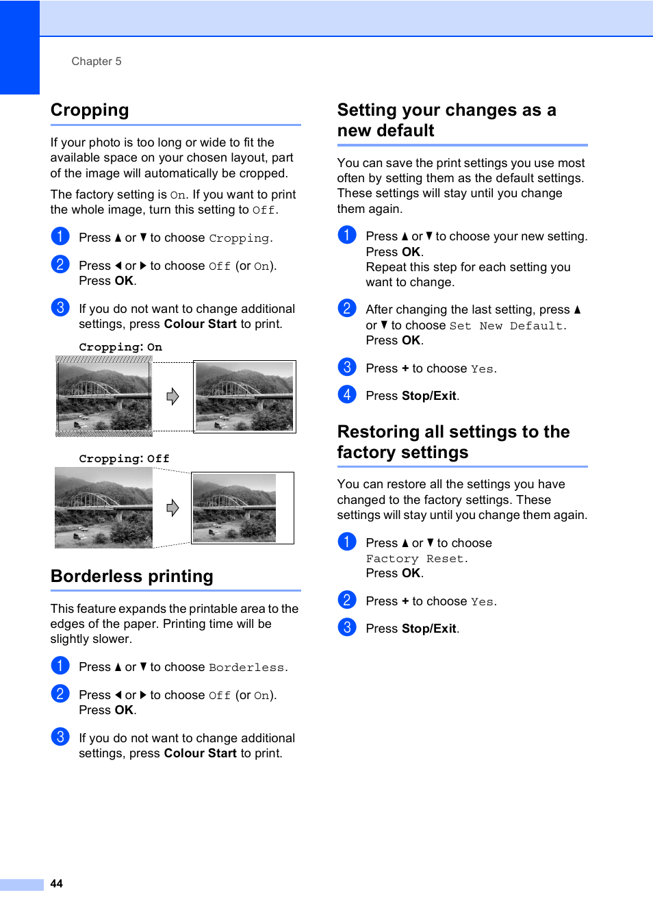 Cropping, Borderless printing, Setting your changes as a new default | Restoring all settings to the factory settings | Brother DCP-770CW User Manual | Page 52 / 113