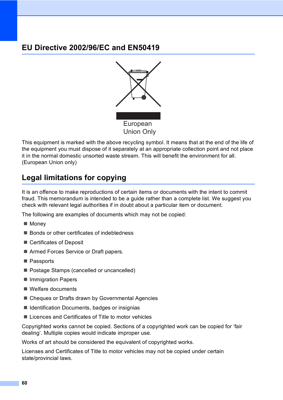 Eu directive 2002/96/ec and en50419, Legal limitations for copying, European union only | Brother DCP-770CW User Manual | Page 68 / 113