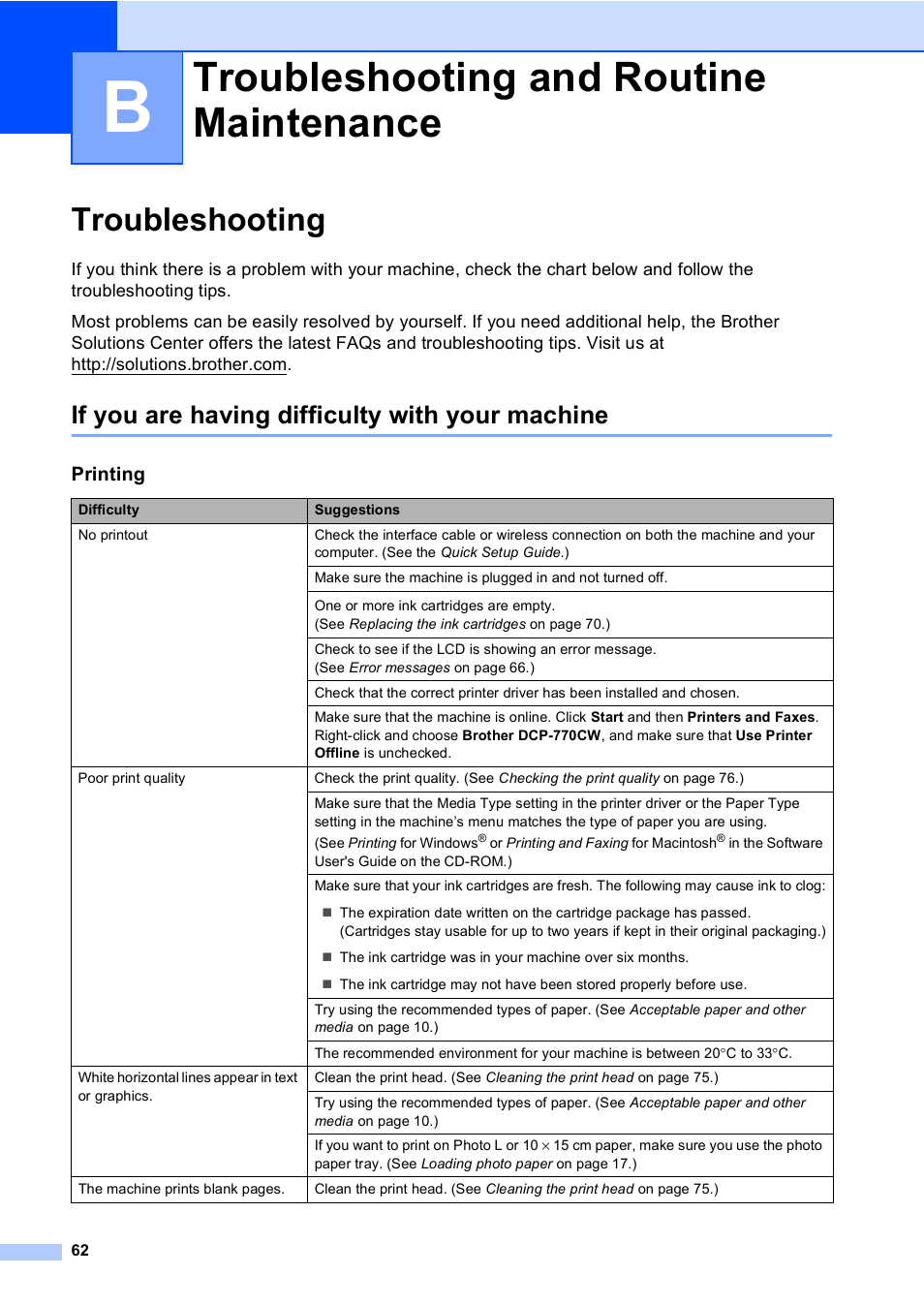 B troubleshooting and routine maintenance, Troubleshooting, If you are having difficulty with your machine | Troubleshooting and routine maintenance | Brother DCP-770CW User Manual | Page 70 / 113