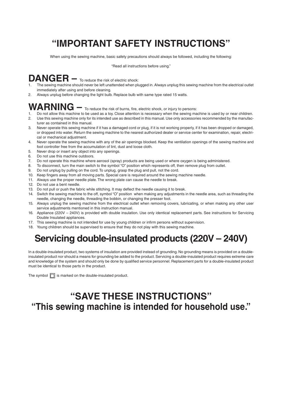 Important safety instructions, Danger, Warning | Brother XL5100 User Manual | Page 2 / 85