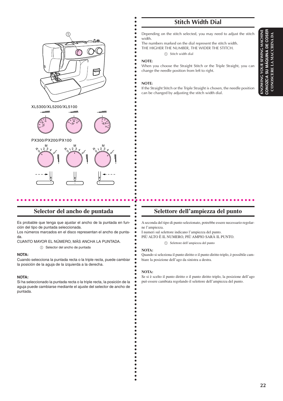 Selector del ancho de puntada, Stitch width dial, Selettore dell’ampiezza del punto | Brother XL5100 User Manual | Page 30 / 85
