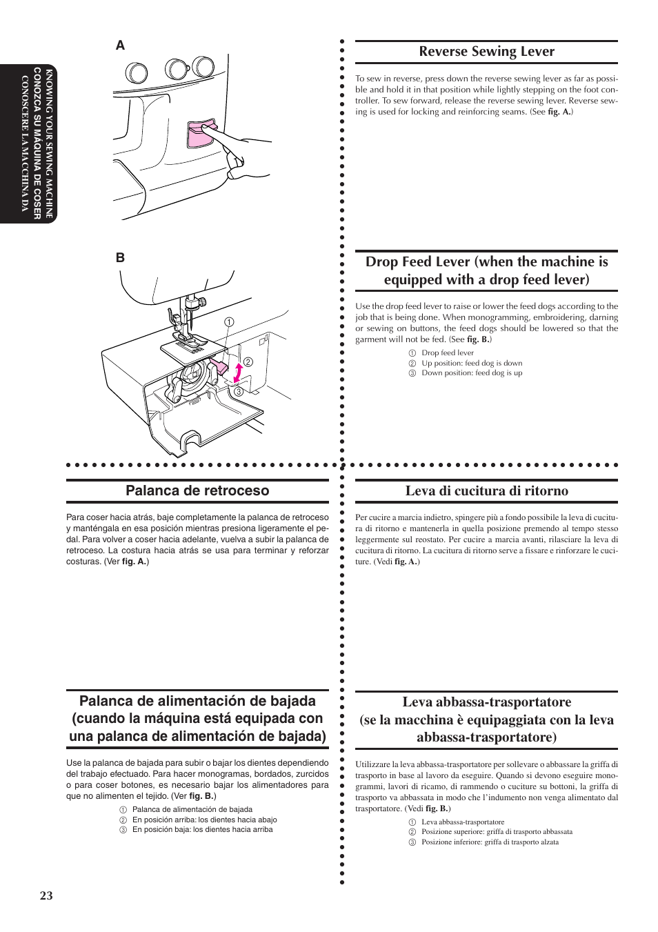 Reverse sewing lever, Palanca de retroceso, Leva di cucitura di ritorno | Brother XL5100 User Manual | Page 31 / 85