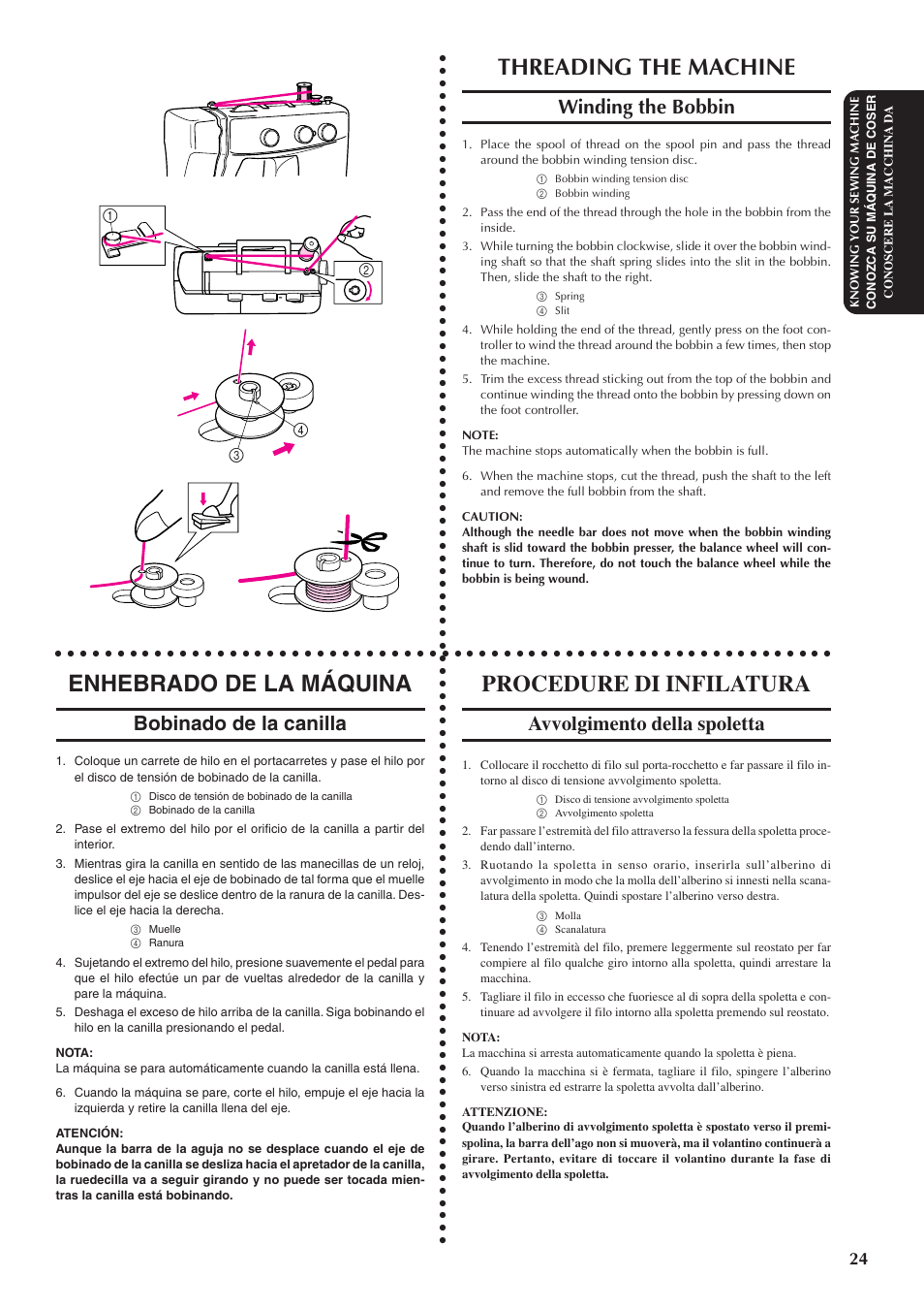 Threading the machine, Enhebrado de la máquina, Procedure di infilatura | Winding the bobbin, Bobinado de la canilla, Avvolgimento della spoletta | Brother XL5100 User Manual | Page 32 / 85