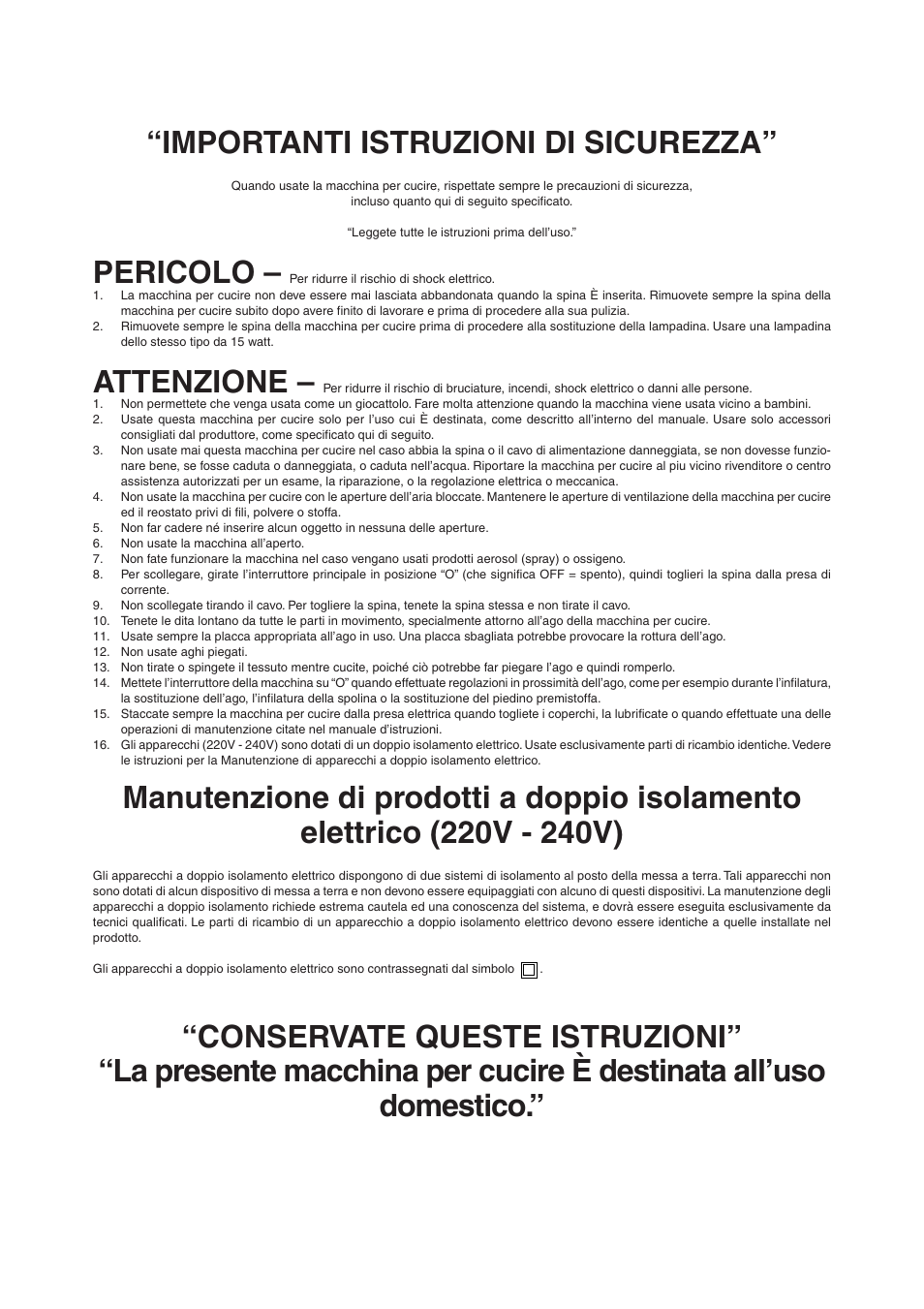 Importanti istruzioni di sicurezza, Pericolo, Attenzione | Brother XL5100 User Manual | Page 4 / 85
