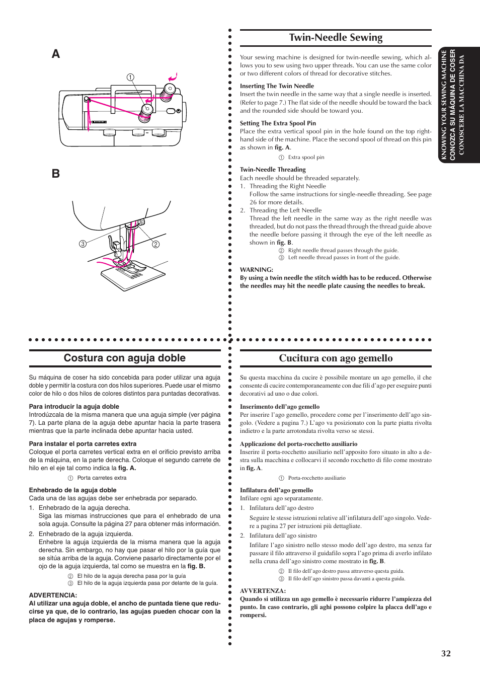 Twin-needle sewing, Costura con aguja doble, Cucitura con ago gemello | Brother XL5100 User Manual | Page 40 / 85