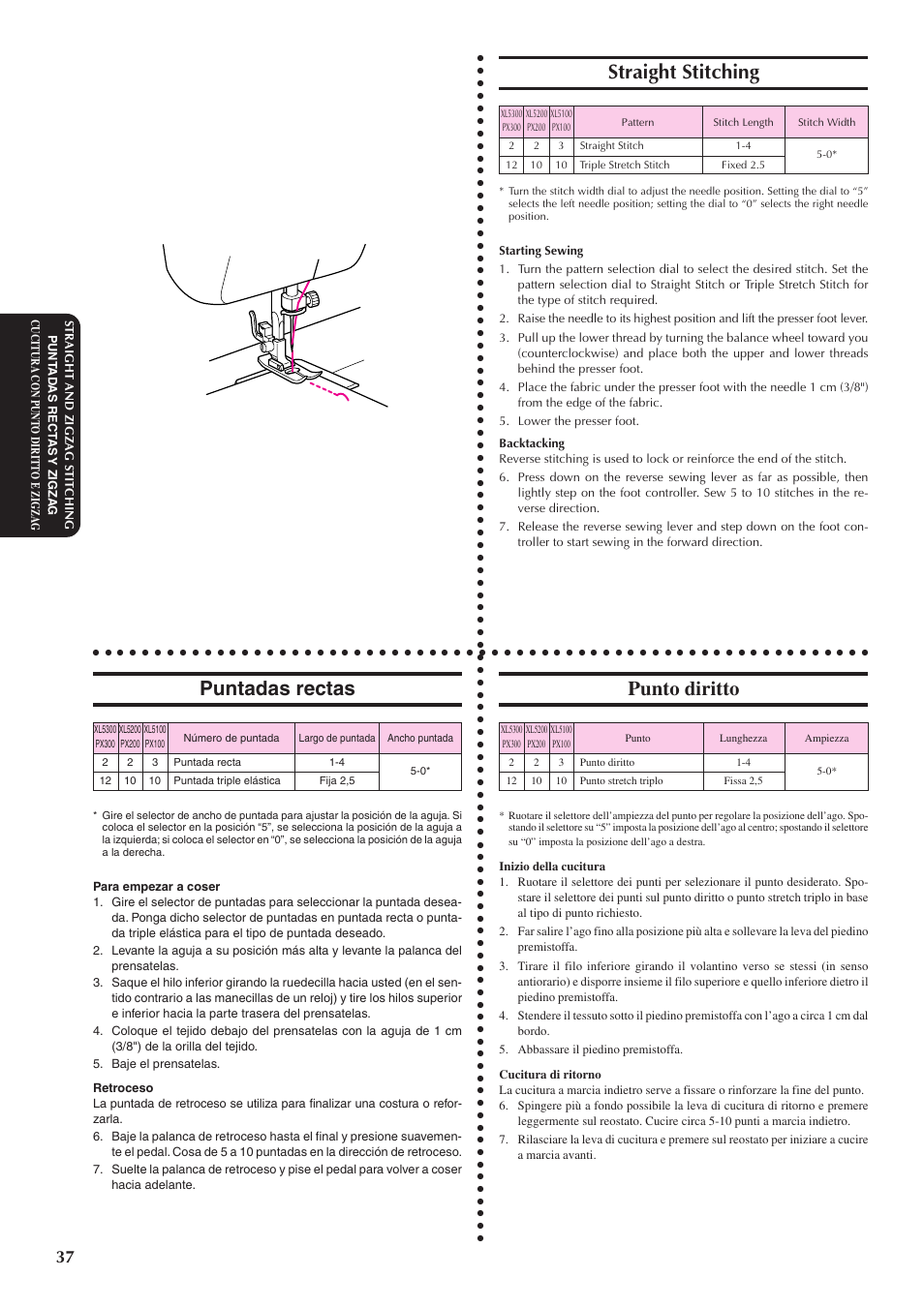 Straight stitching, Puntadas rectas, Punto diritto | Brother XL5100 User Manual | Page 45 / 85