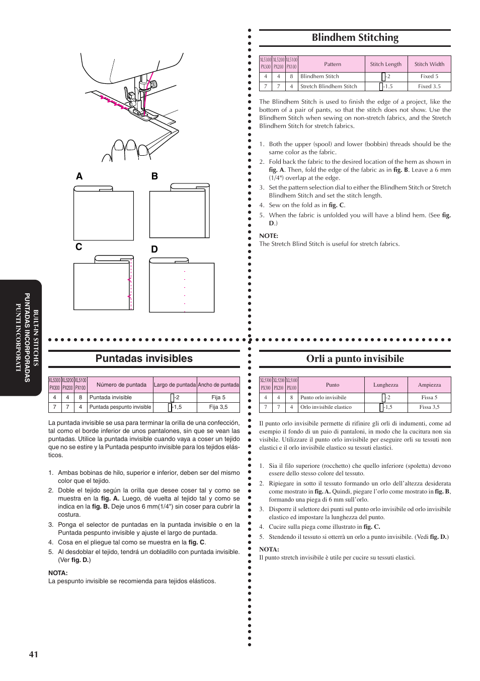 Blindhem stitching, Puntadas invisibles, Orli a punto invisibile | Ab c d | Brother XL5100 User Manual | Page 49 / 85