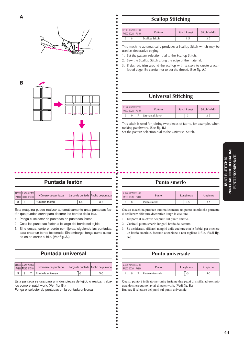 Scallop stitching, Universal stitching, Puntada festón | Puntada universal, Punto smerlo, Punto universale | Brother XL5100 User Manual | Page 52 / 85