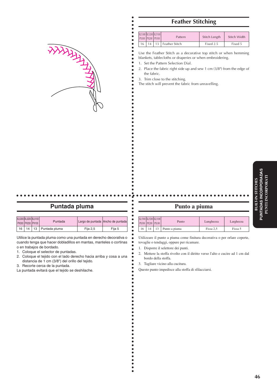 Feather stitching, Puntada pluma, Punto a piuma | Brother XL5100 User Manual | Page 54 / 85