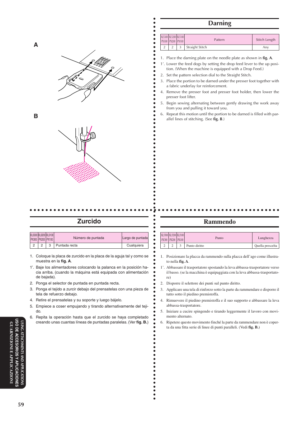 Darning, Zurcido, Rammendo | Brother XL5100 User Manual | Page 67 / 85