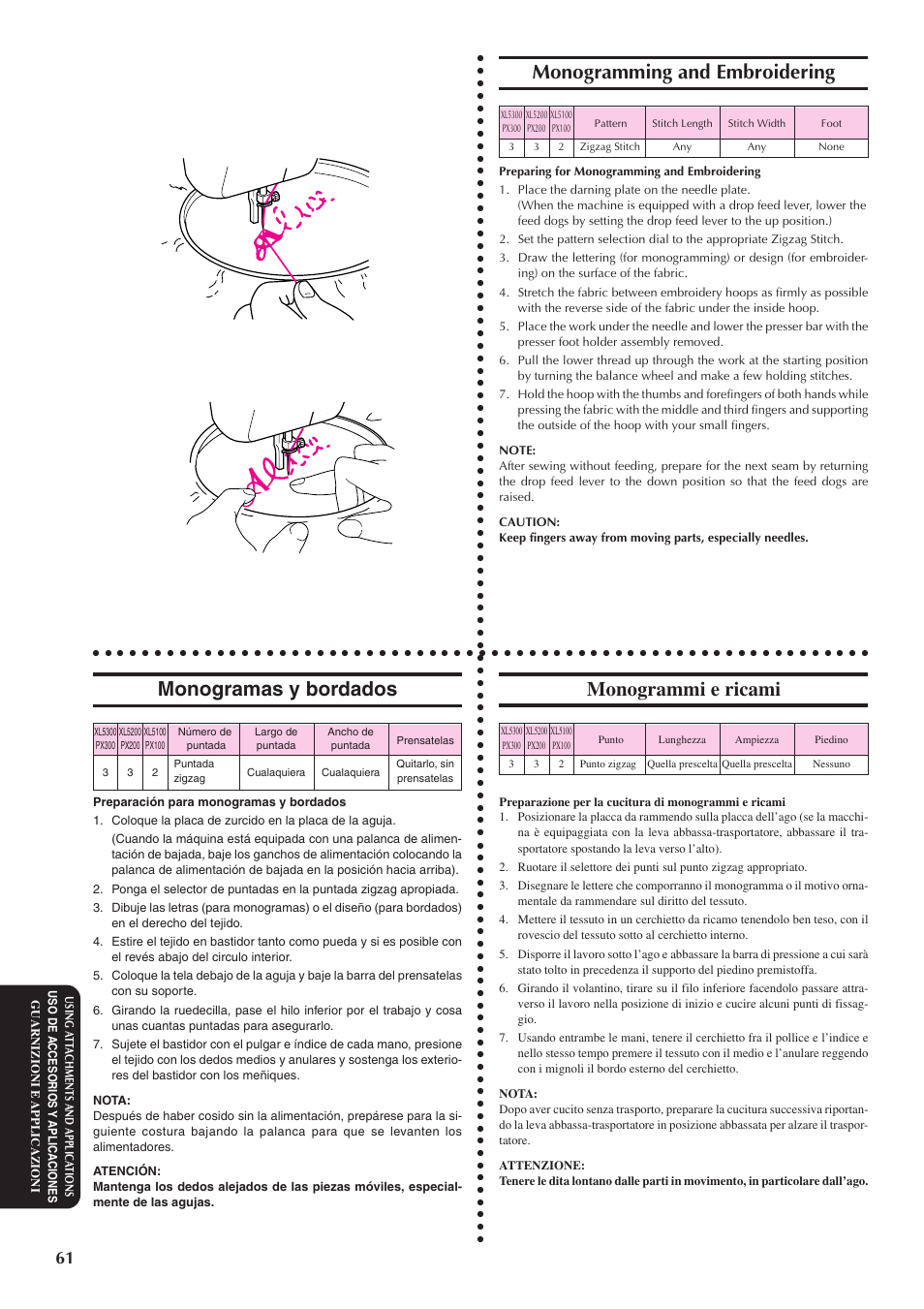 Monogramming and embroidering, Monogramas y bordados, Monogrammi e ricami | Brother XL5100 User Manual | Page 69 / 85