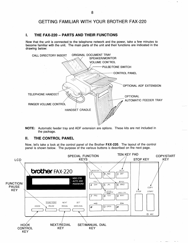 Getting familiar with your brother fax-220, I. the fax-220 - parts and their functions, Ii. the control panel | The fax-220 - parts and their functions, The control panel, Brother, Fax-220 | Brother FAX-220 User Manual | Page 18 / 76