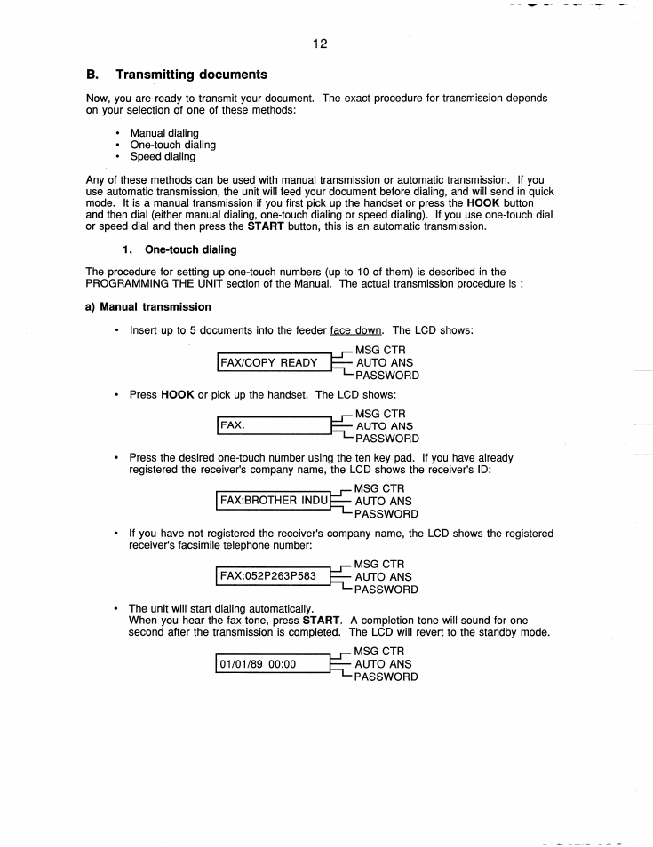 B. transmitting documents, One-touch dialing, A) manual transmission | Brother FAX-220 User Manual | Page 22 / 76