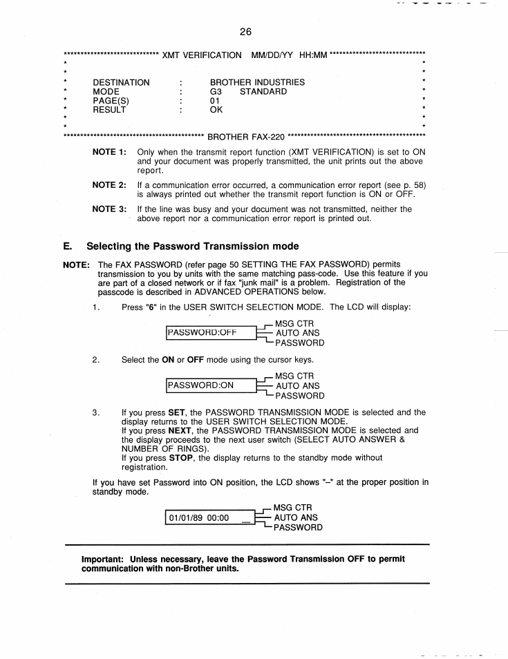 E. selecting the password transmission mode | Brother FAX-220 User Manual | Page 36 / 76