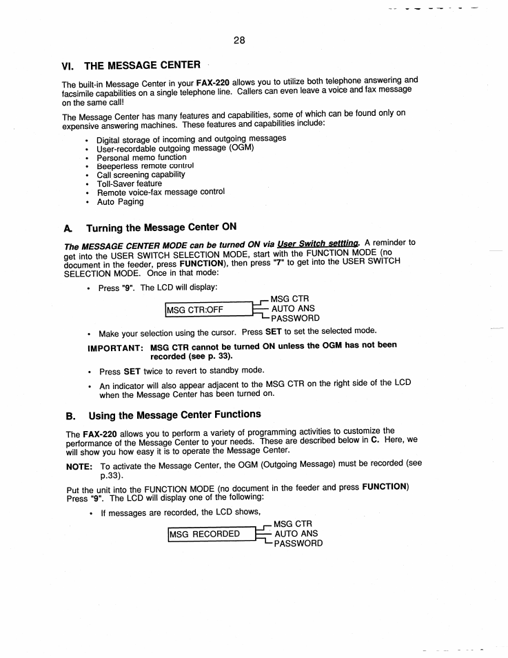 Vi. the message center, A. turning the message center on, B. using the message center functions | The message center, P-33) | Brother FAX-220 User Manual | Page 38 / 76
