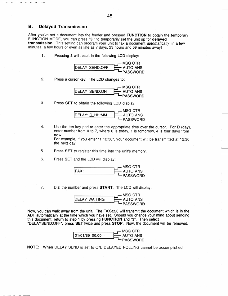 B. delayed transmission | Brother FAX-220 User Manual | Page 55 / 76