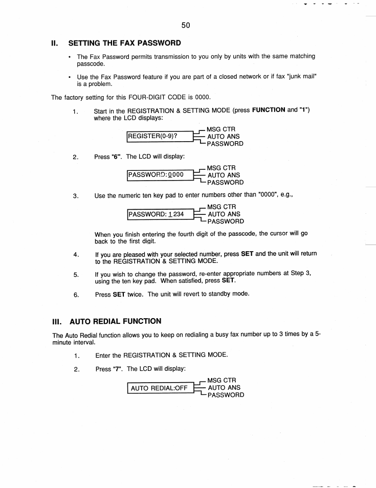 Ii. setting the fax password, Iii. auto redial function | Brother FAX-220 User Manual | Page 60 / 76