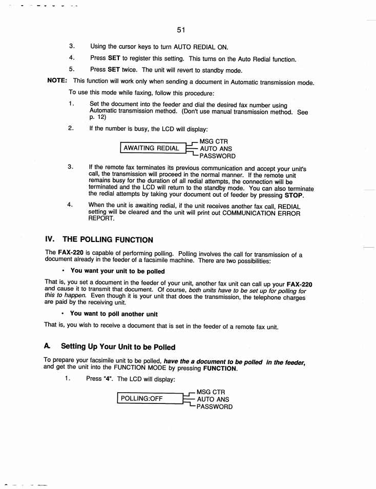 Iv. the polling function, A. setting up your unit to be polled | Brother FAX-220 User Manual | Page 61 / 76