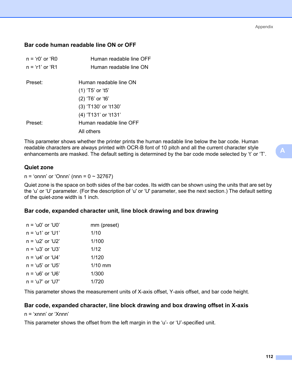 Bar code human readable line on or off, Quiet zone | Brother HL-2140 User Manual | Page 120 / 138