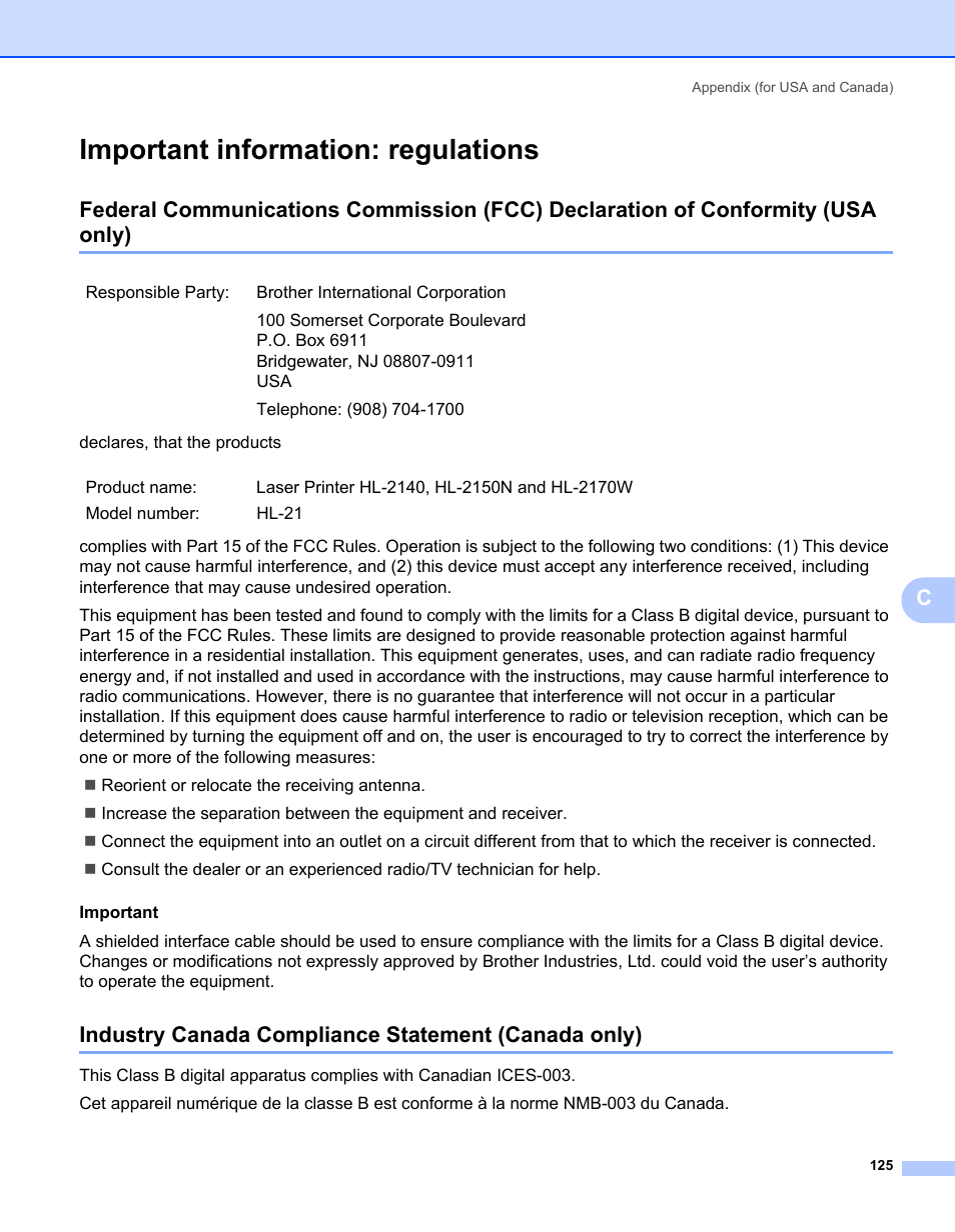 Important information: regulations, Industry canada compliance statement (canada only) | Brother HL-2140 User Manual | Page 133 / 138