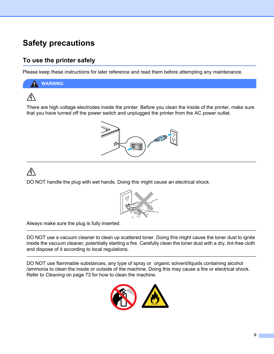 Safety precautions, To use the printer safely, Always make sure the plug is fully inserted | Warning | Brother HL-2140 User Manual | Page 3 / 138
