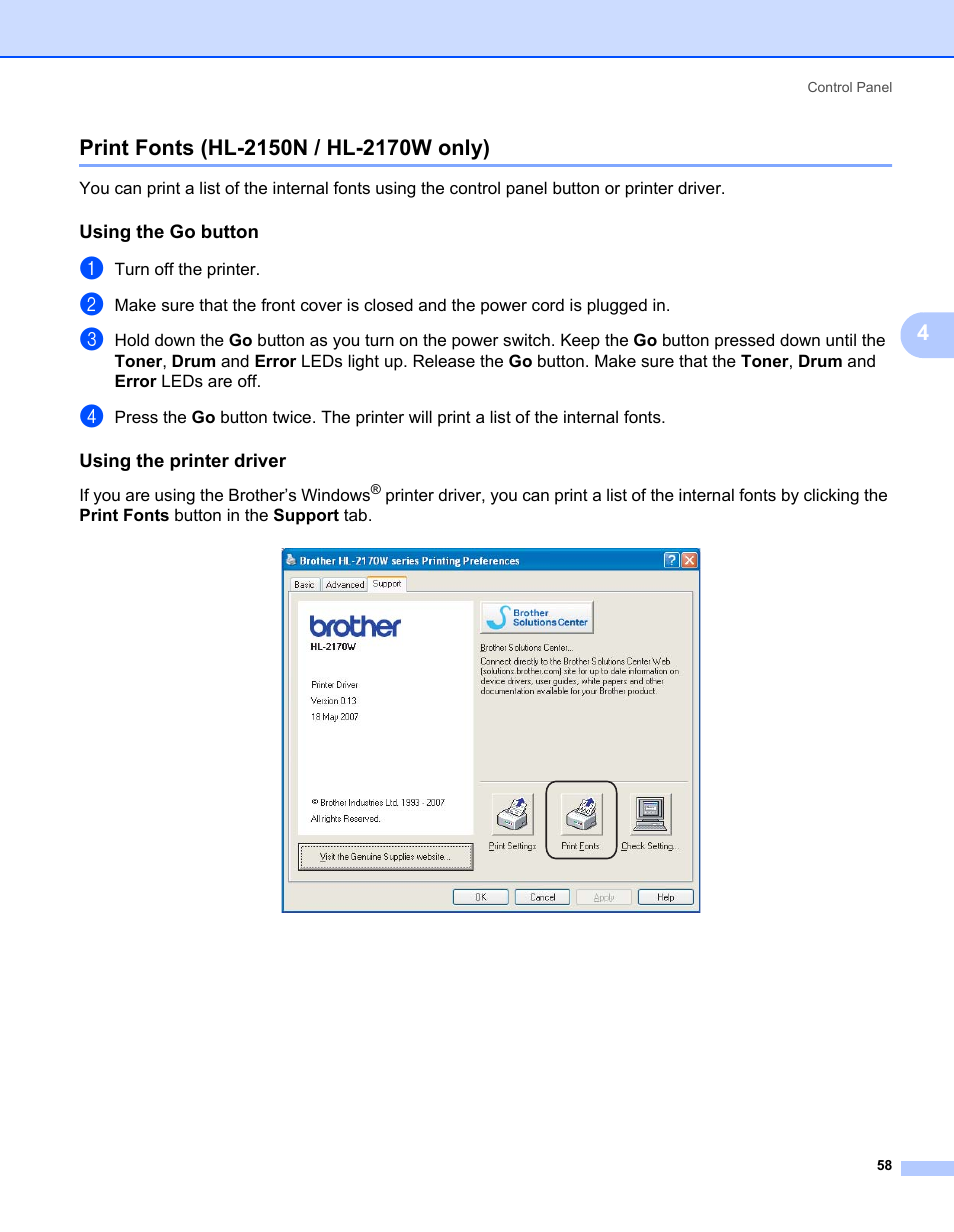 Print fonts (hl-2150n / hl-2170w only), Using the go button, Using the printer driver | Brother HL-2140 User Manual | Page 66 / 138