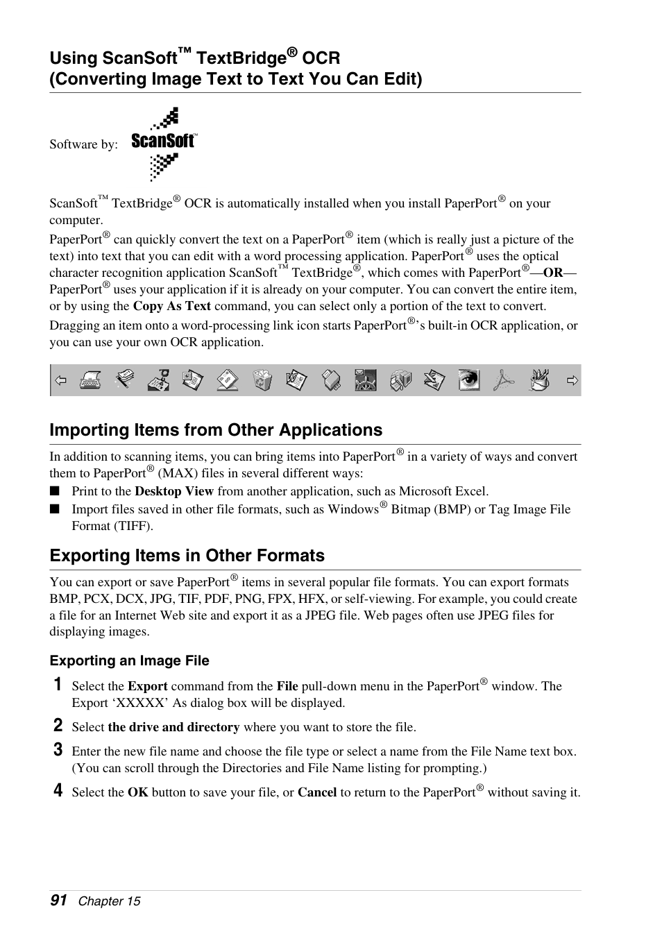 Importing items from other applications, Exporting items in other formats, Using scansoft | Textbridge, Ocr (converting image text to text you can edit) | Brother 4800 User Manual | Page 102 / 174